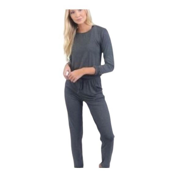 Zyia womens medium gray lounge jumpsuit long sleeve tie waist relaxed cute athle - Picture 1 of 9